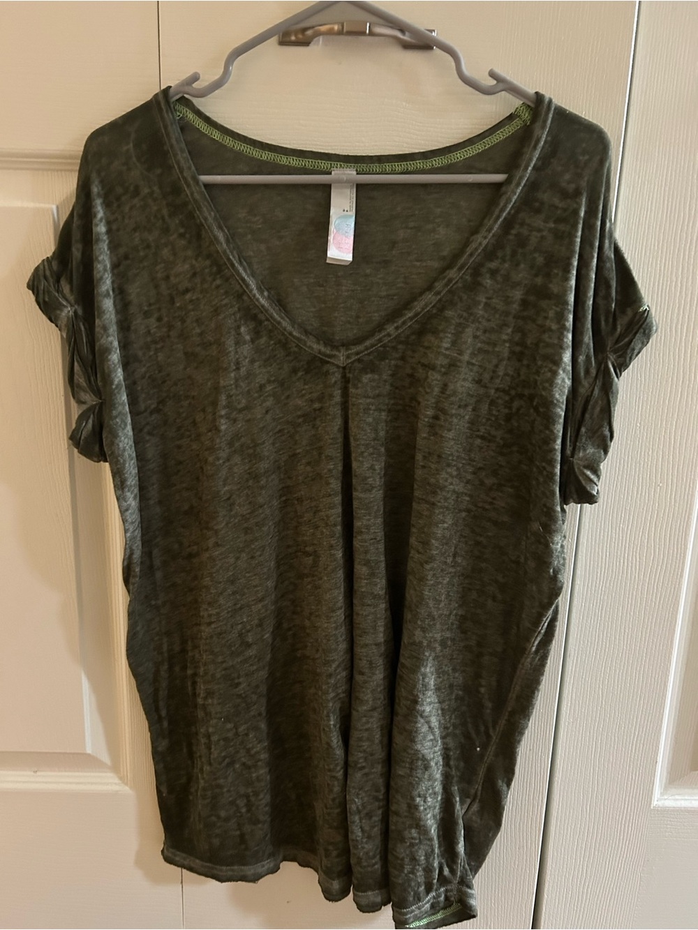 Free People Beach Women’s Olive V-Neck Short Sleeve Tee with Rolled Sleeves